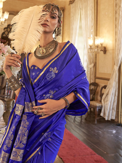 Blue color satin handloom silk saree with blouse online