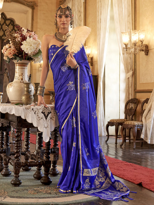 Blue color satin handloom silk saree with blouse