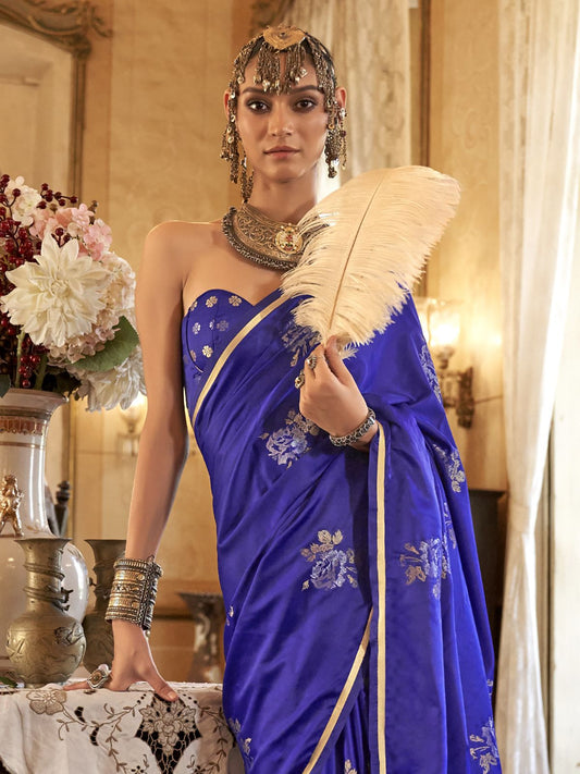 Blue color satin handloom silk saree with blouse price