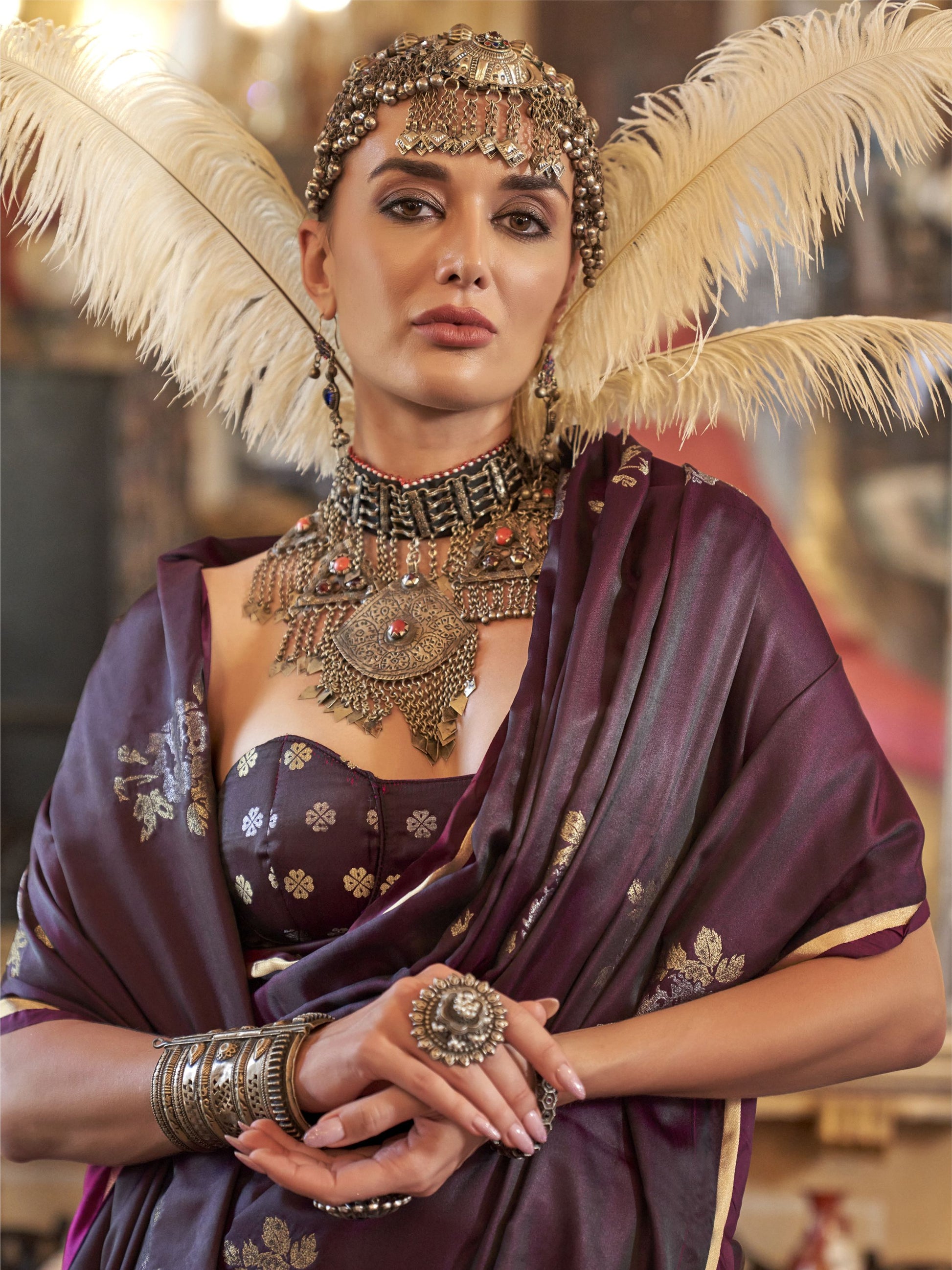 Purple color satin handloom silk saree for women online
