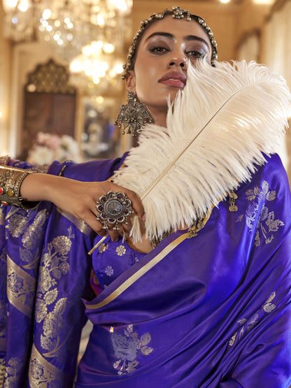 Engagement Wear Violet Color Satin Handloom Silk Wedding Saree