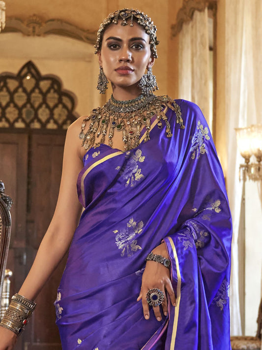 Engagement Wear Violet Color Satin Handloom Silk Wedding Saree