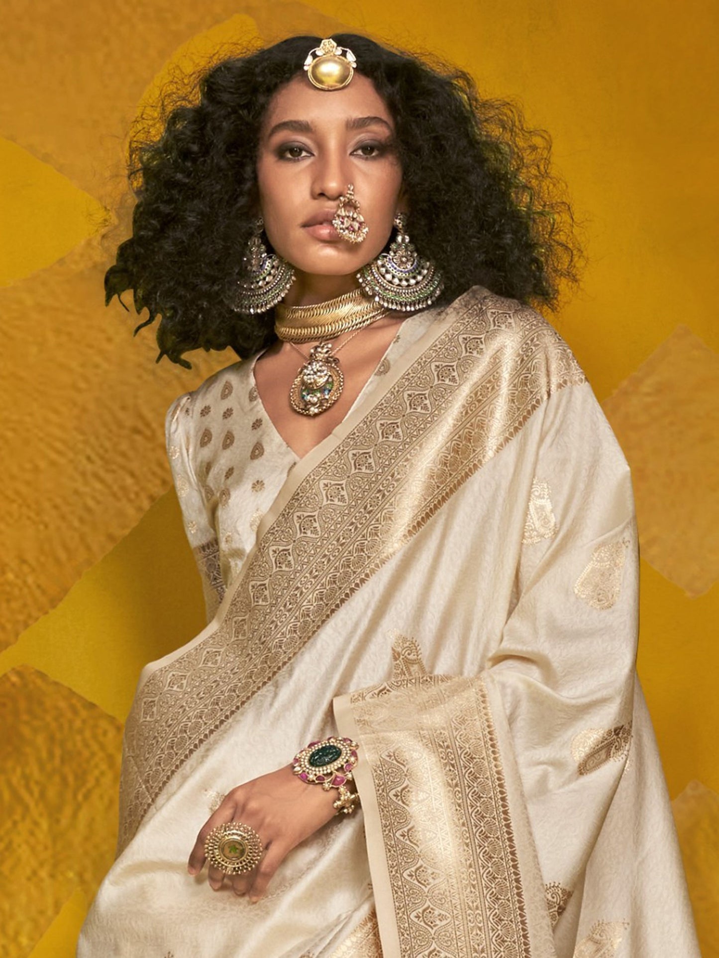 Pure cream color handloom silk saree for women
