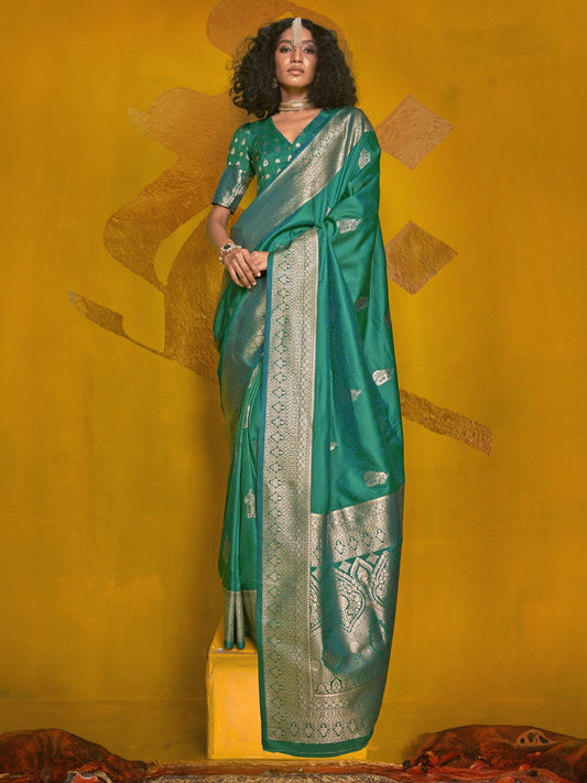 Teal green color handloom silk saree for women