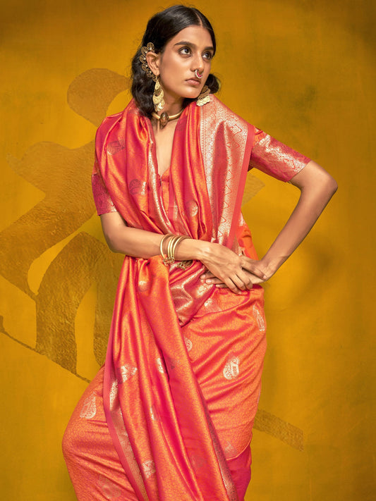 Orange color handloom silk saree for women online shopping
