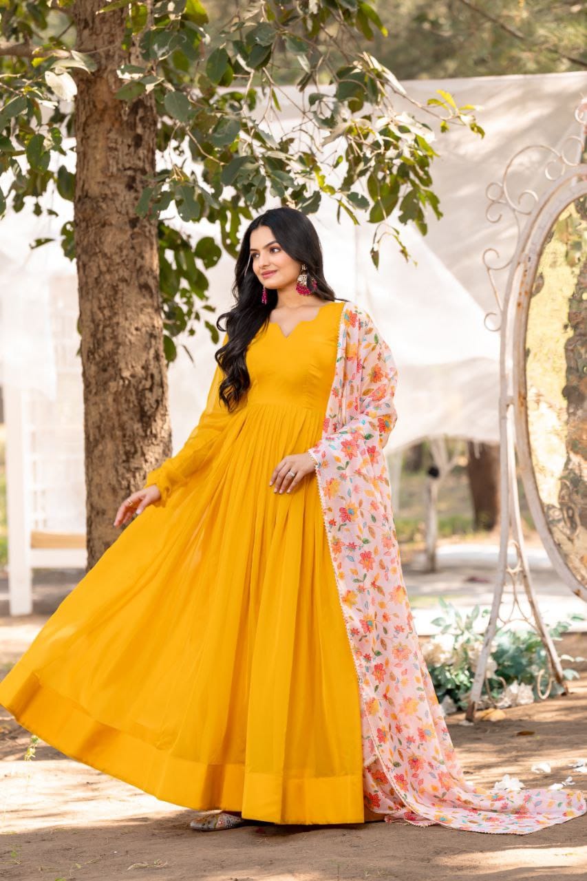 Yellow color soft organza long gown online