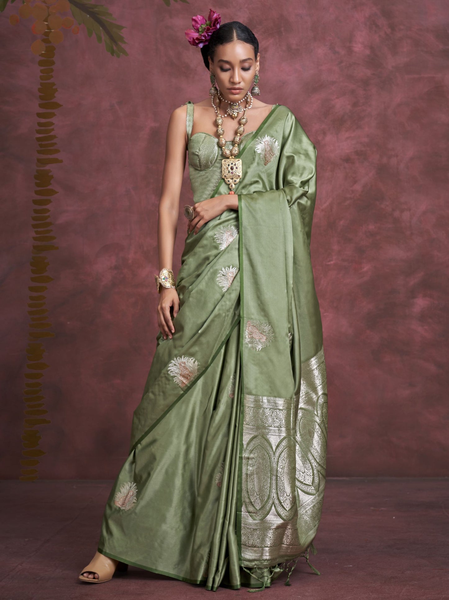 Green color satin silk saree for women
