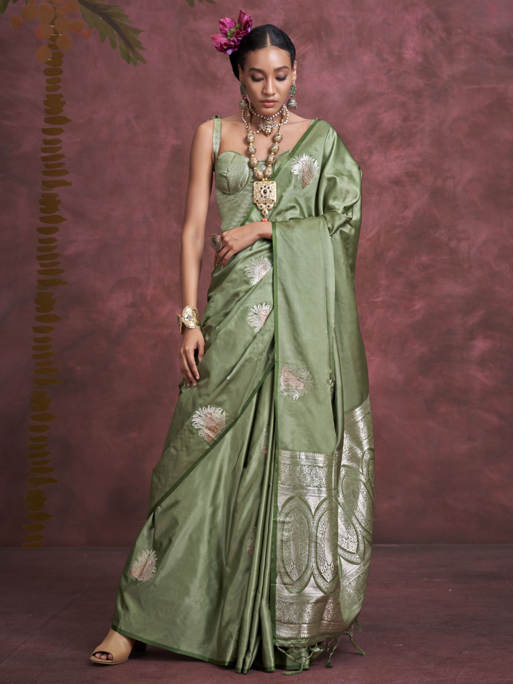 Green color satin silk saree for women