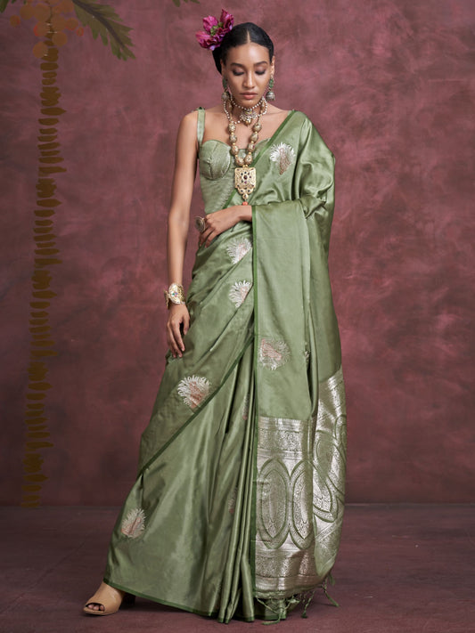 Green color satin silk saree for women