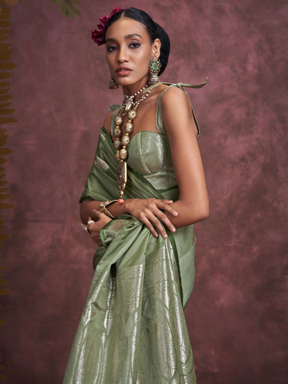Green color satin silk weaving saree online shopping