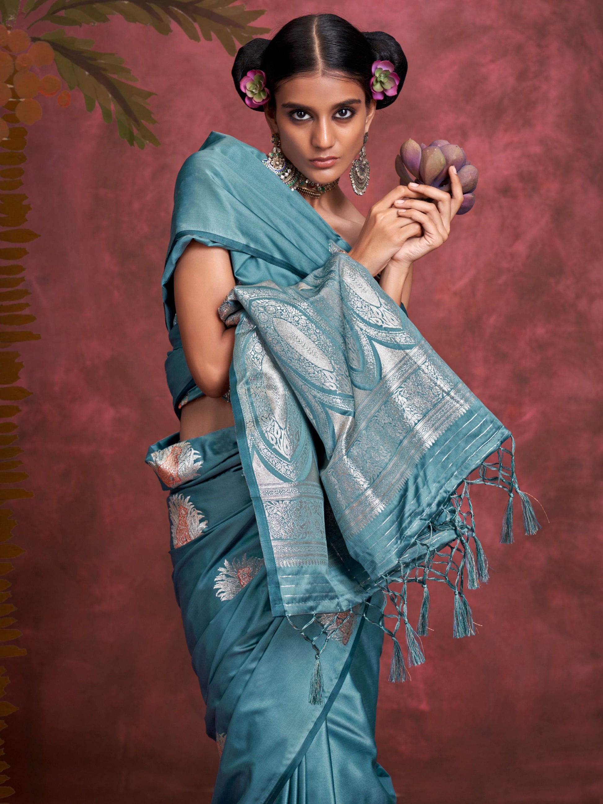 Teal blue color satin silk saree price