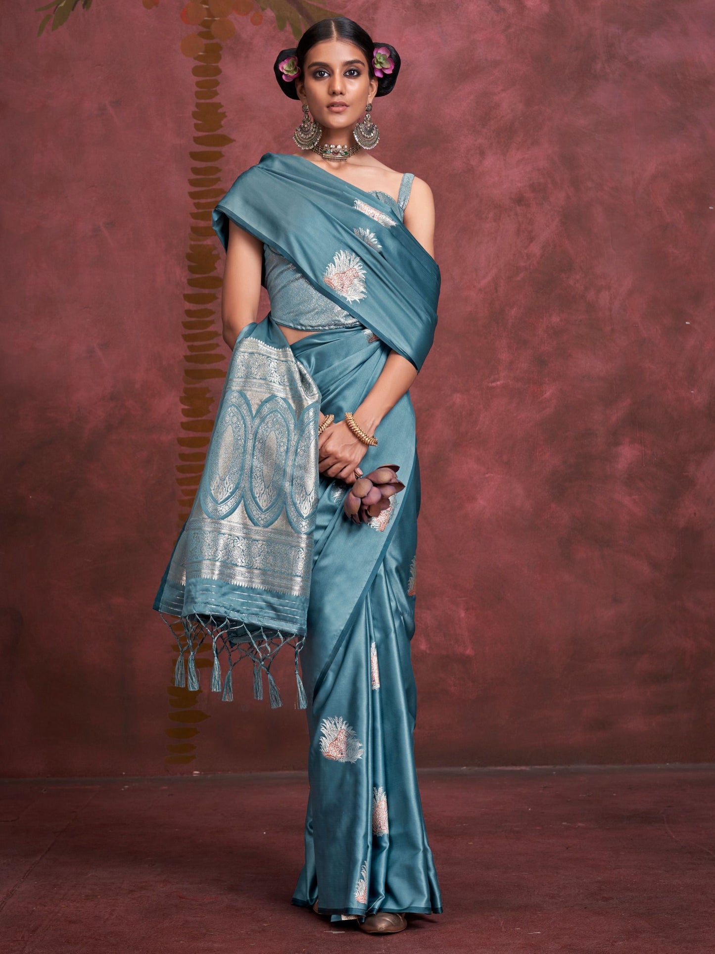 Teal blue color satin silk handloom weaving saree for wedding