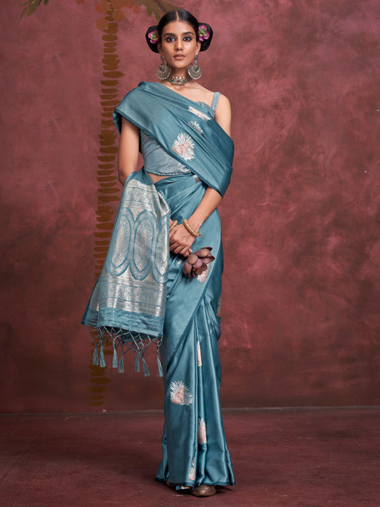 Teal blue color satin silk handloom weaving saree for wedding