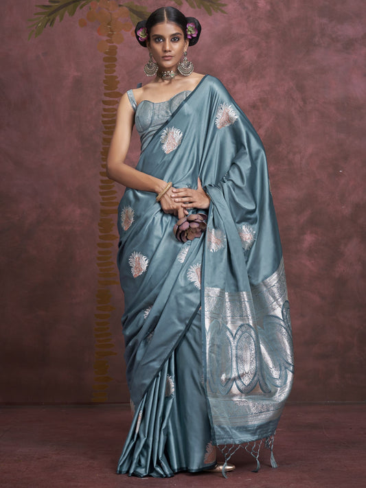 Teal blue color satin silk saree for women
