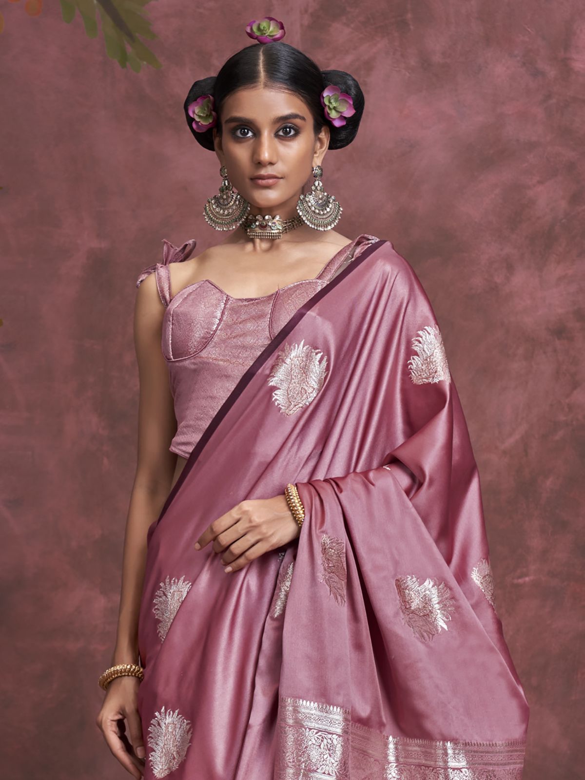 Pink color satin silk saree for women
