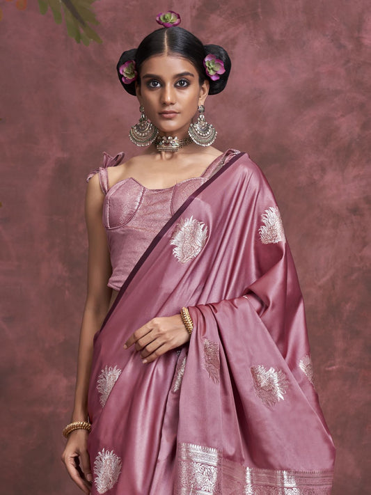 Pink color satin silk saree for women
