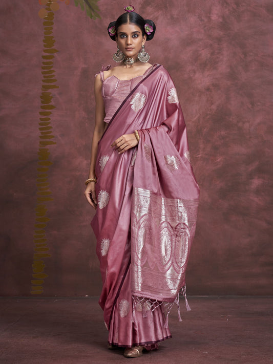 Pink color satin silk saree for women price
