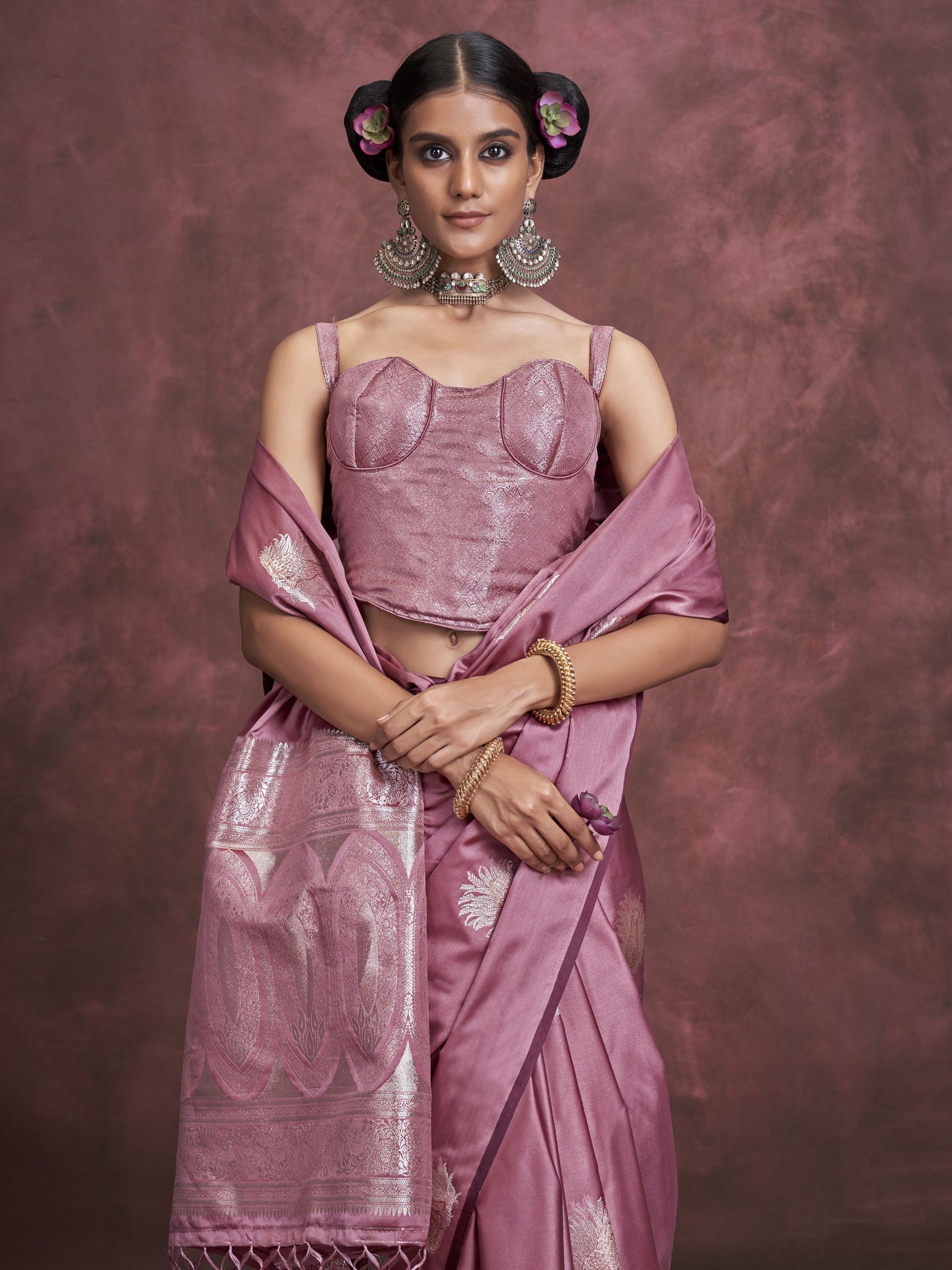 Pink color satin silk weaving saree online shopping 