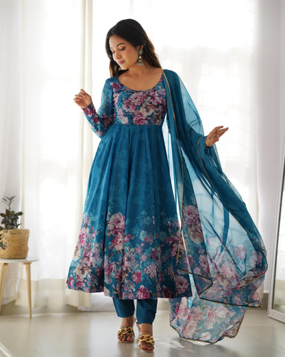 Teal color organza silk salwar suit online shopping
