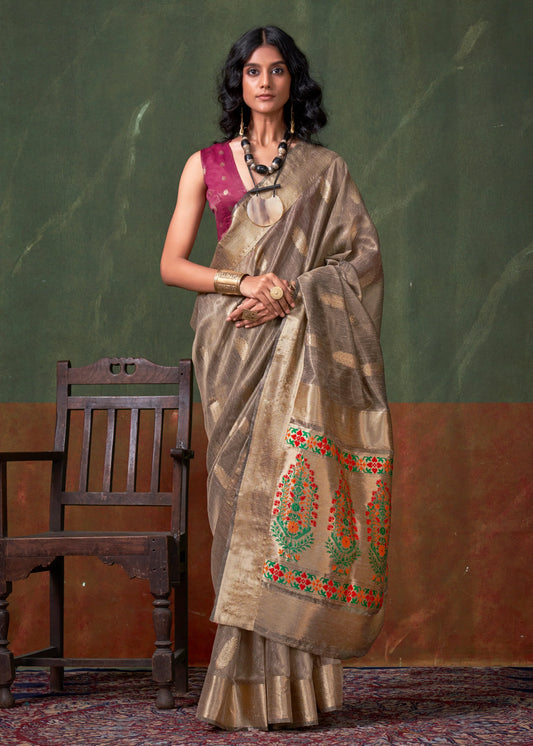 Grey color paithani tissue saree for women