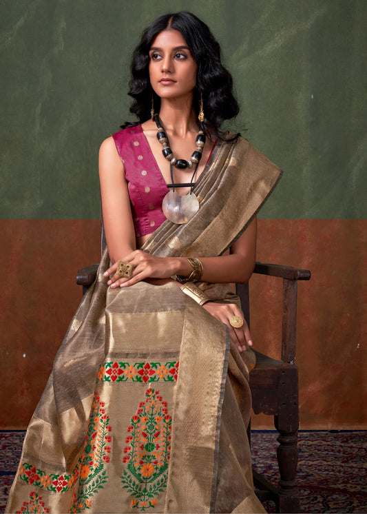 Grey color paithani tissue saree for wedding