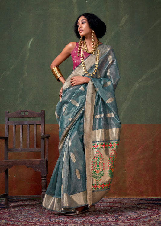 Teal blue color paithani tissue saree for women price
