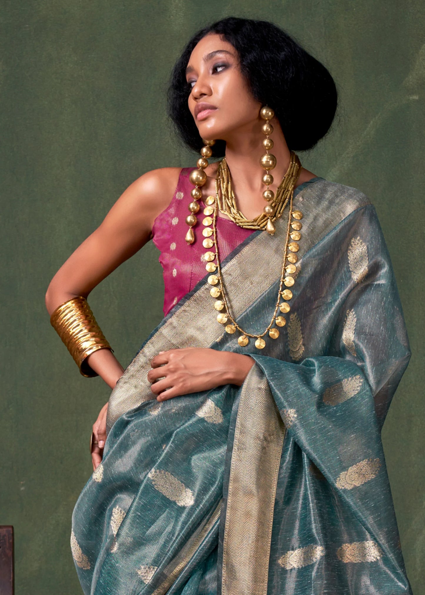 Teal blue color paithani tissue saree for wedding
