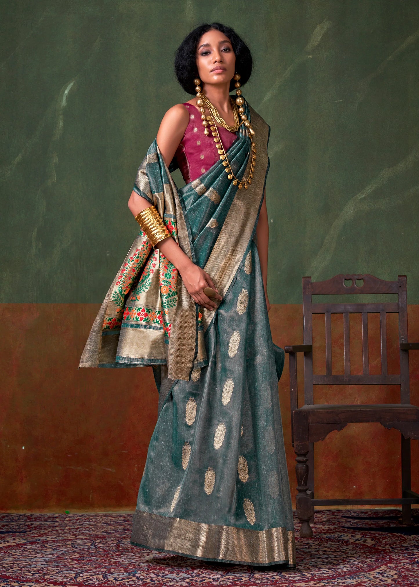 Teal blue color paithani tissue saree for women online
