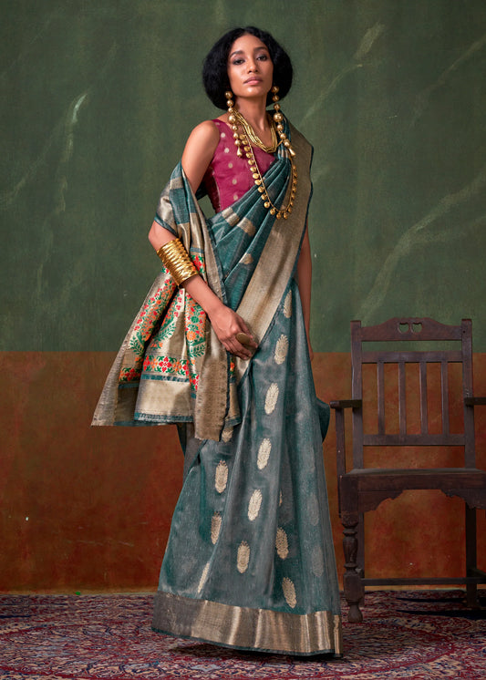 Teal blue color paithani tissue saree for women online
