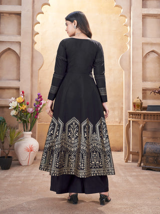 Black color roman silk printed sharara suit online shopping