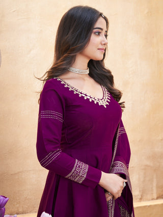 Purple color roman silk printed sharara suit design look
