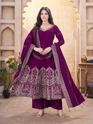 Purple color roman silk printed sharara suit online shopping
