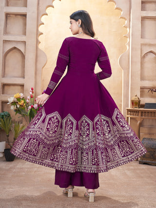 Purple color roman silk printed sharara suit with dupatta images
