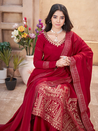 Red color roman silk printed sharara suit for wedding
