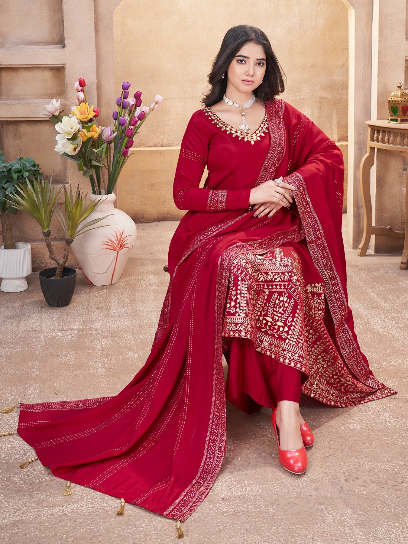 Red color roman silk printed sharara suit for women with dupatta
