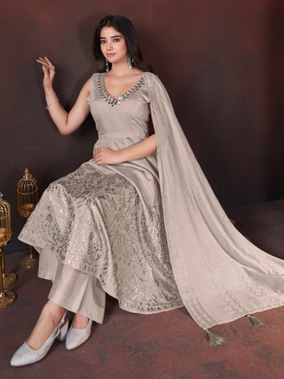 Chiku color roman silk sharara suit with dupatta images