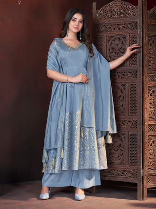 Sky color roman silk printed sharara suit