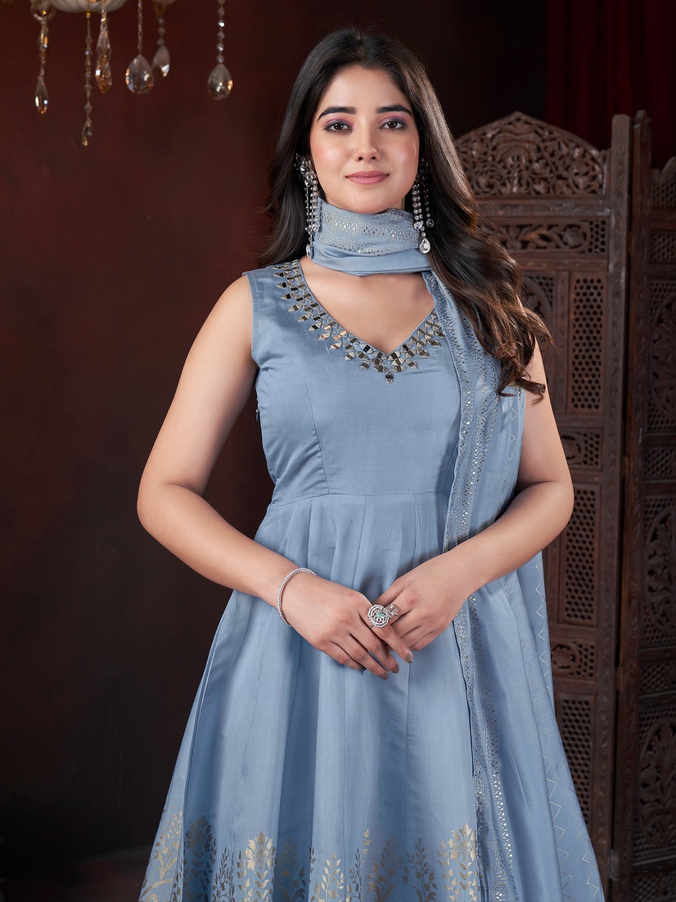 Sky color roman silk printed sharara suit with dupatta