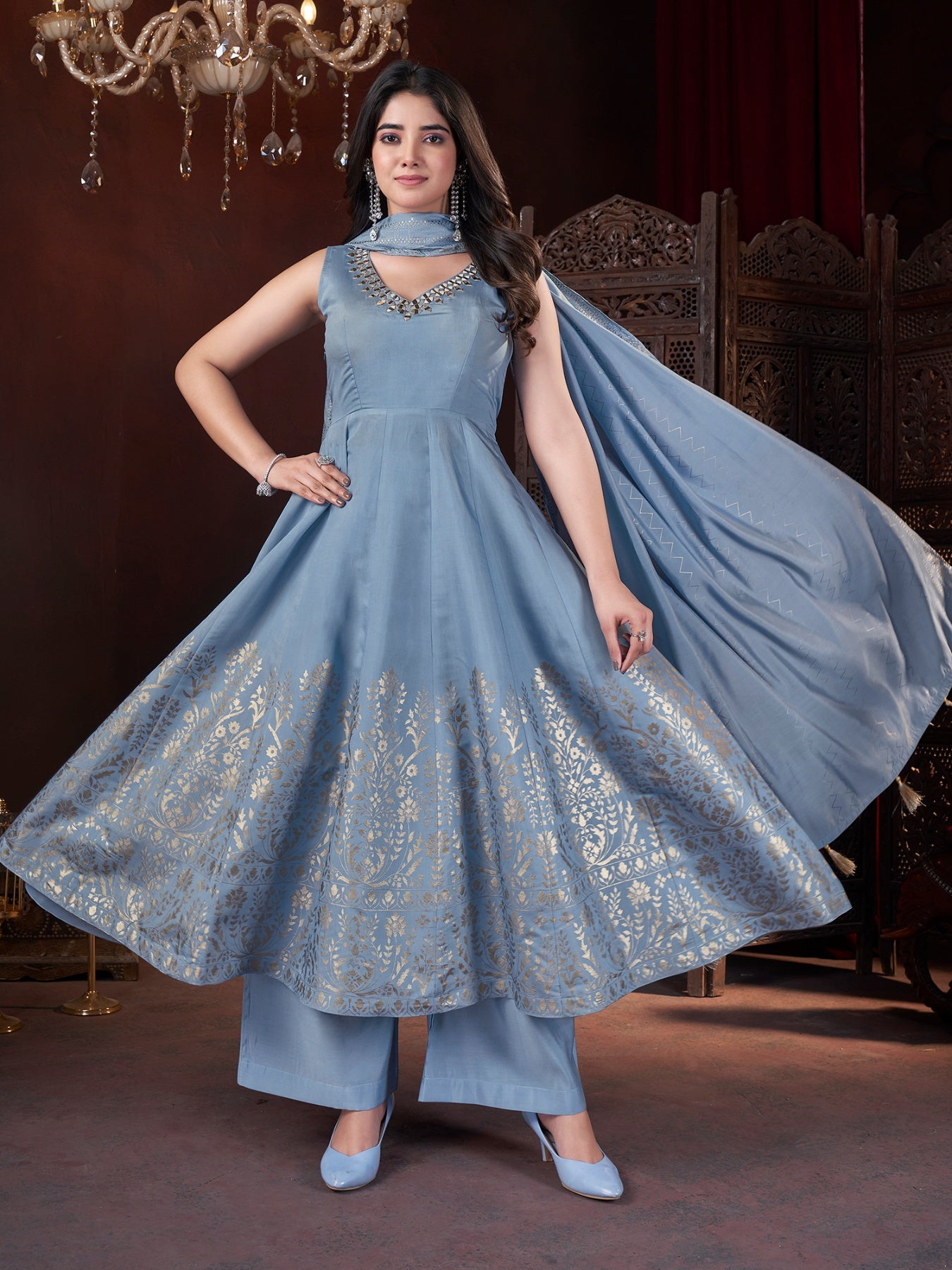 Sky color roman silk printed sharara suit with dupatta online shopping