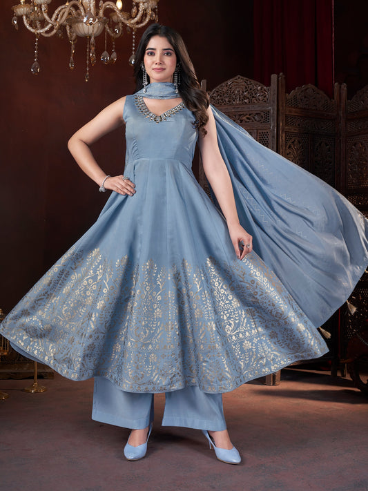 Sky color roman silk printed sharara suit with dupatta online shopping