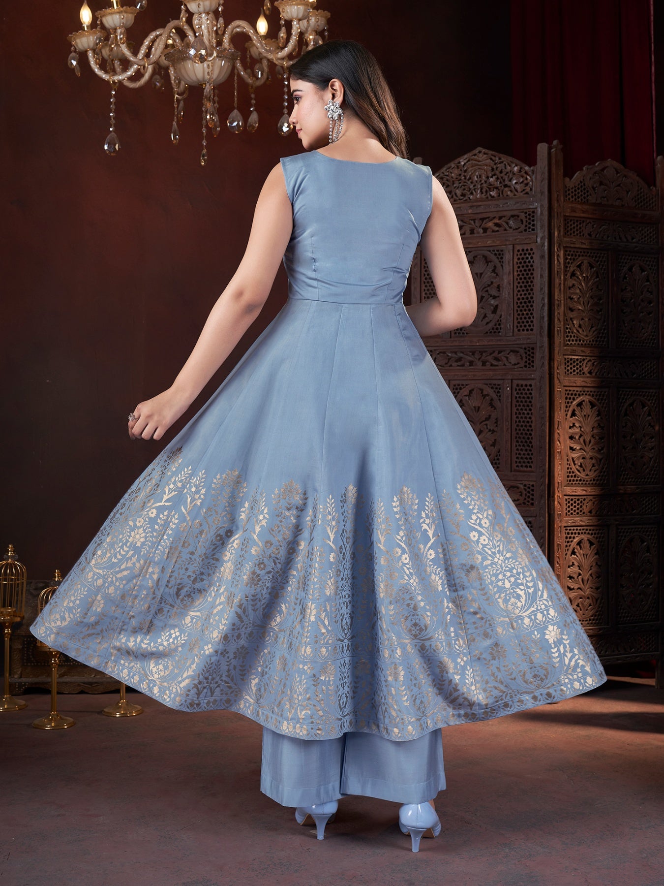 Sky color roman silk printed sharara suit with dupatta images