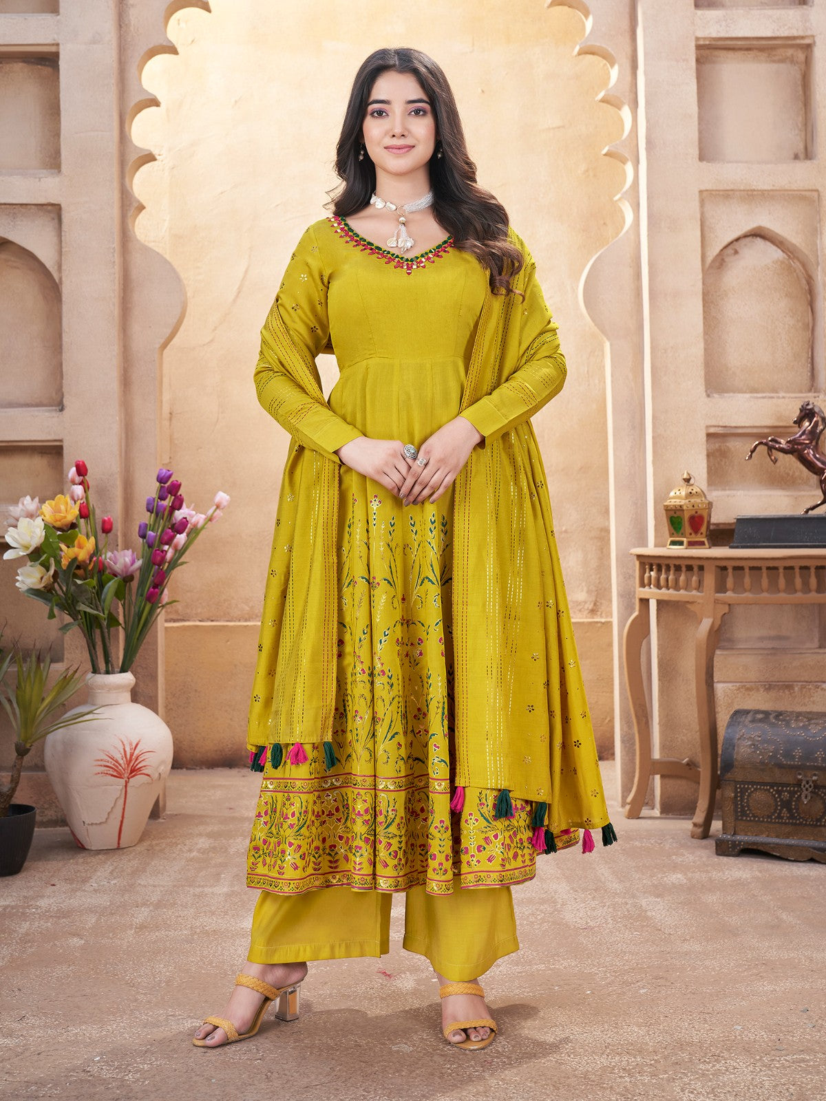 Yellow color roman silk sharara suit for women