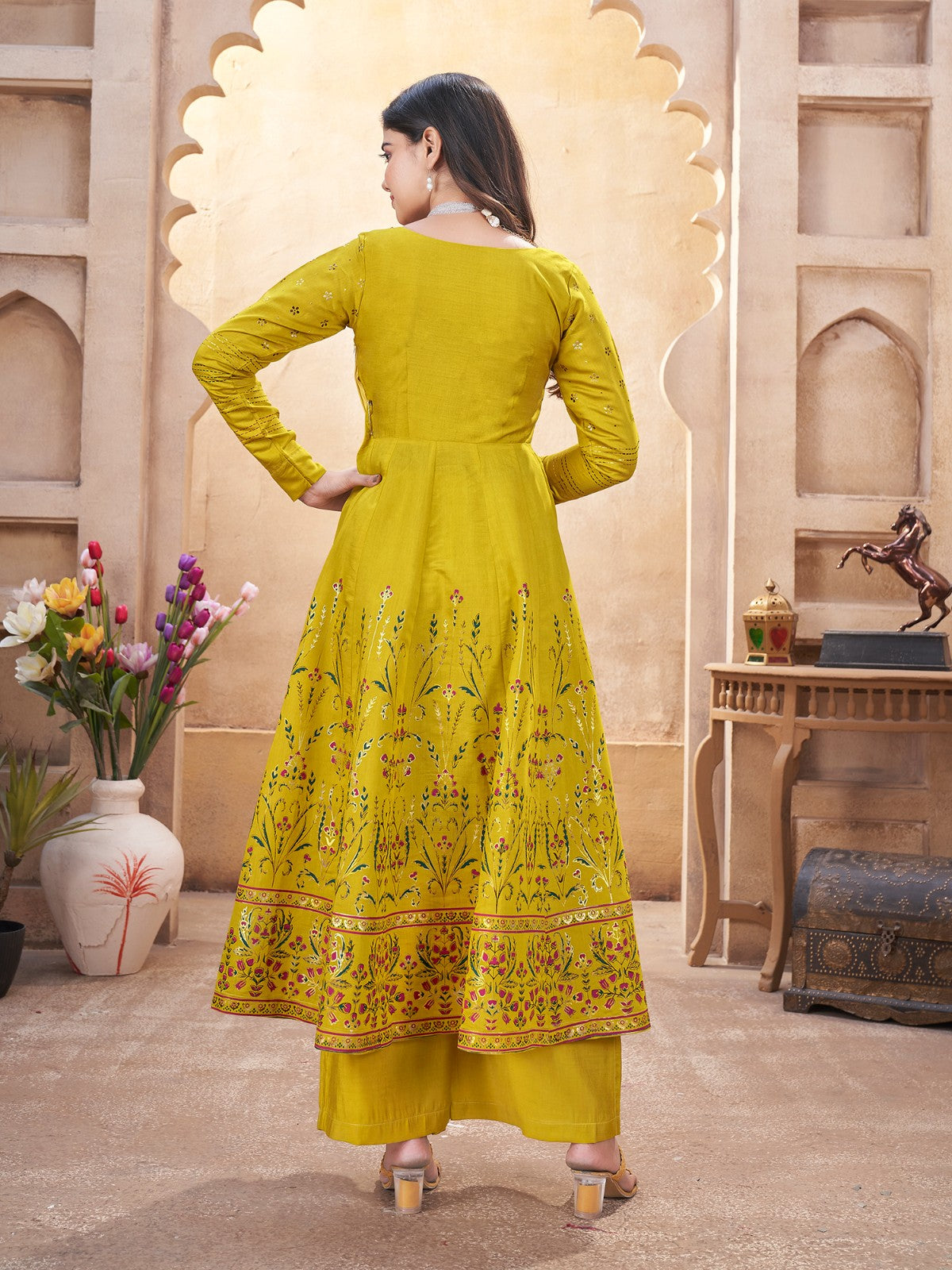 Yellow color roman silk sharara suit images