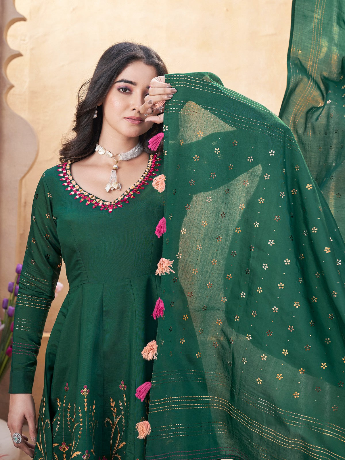 Green color roman silk sharara suit online 