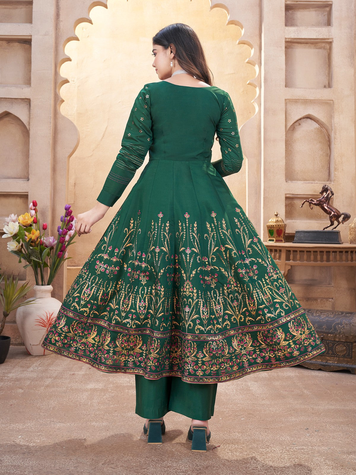 Green color roman silk sharara suit with dupatta images