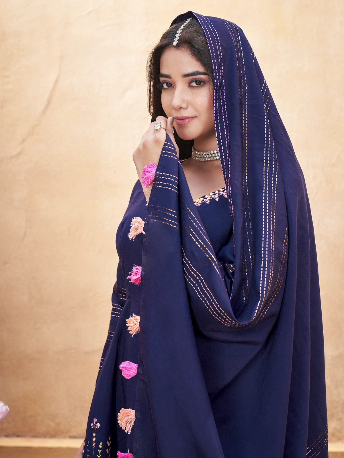 Navy blue color roman silk sharara suit with dupatta online