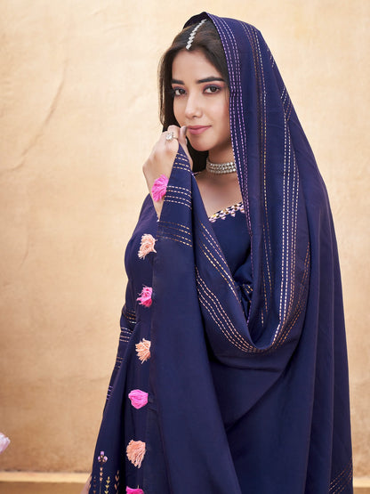 Navy blue color roman silk sharara suit with dupatta online