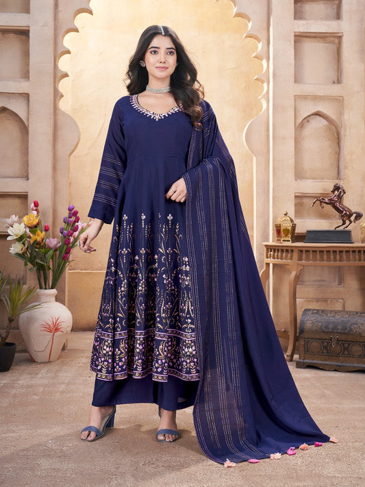 Navy blue color roman silk sharara suit with dupatta