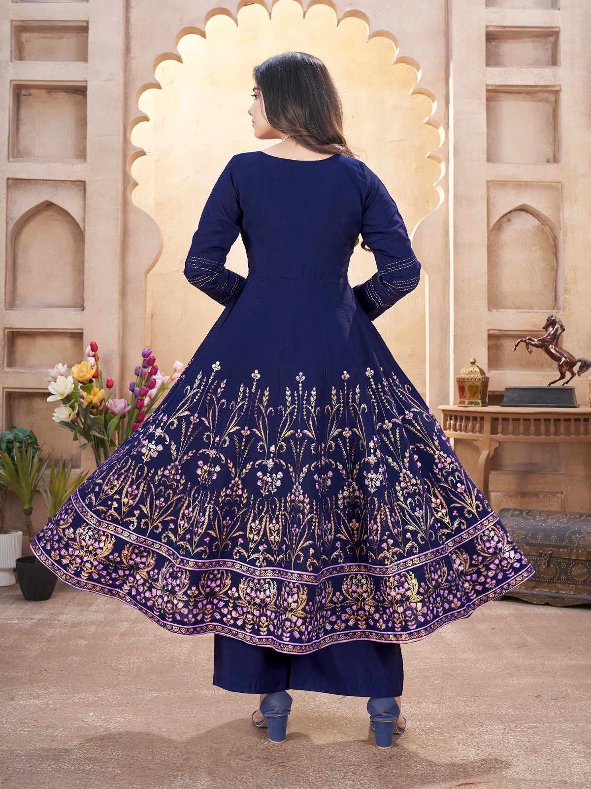 Navy blue color roman silk sharara suit with dupatta images