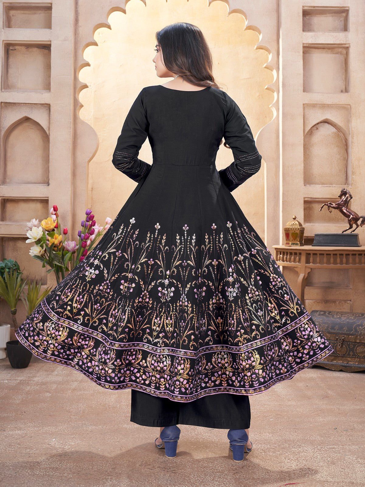 Black color roman silk sharara suit with dupatta online